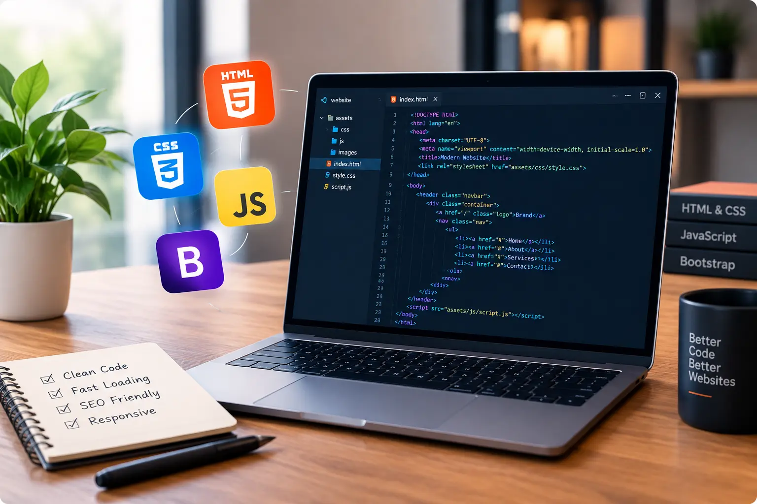 Clean HTML CSS JavaScript code illustration